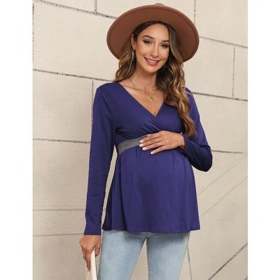 Target Women¡¯s Maternity Shirts Long Sleeve Nursing Tops V Neck Patchwork Breastfeeding Shirts Pregnancy Clothes Navy Blue XX-Large