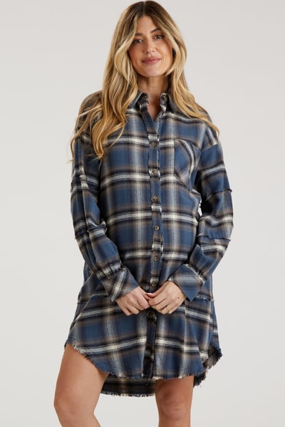 PinkBlush Blue Plaid Button Down Raw Hem Maternity Dress