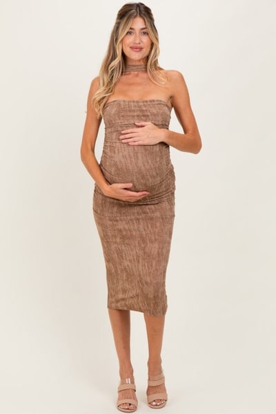 PinkBlush Mocha Brushed Print Ruched Maternity Midi Dress