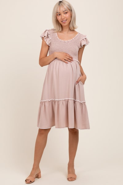 PinkBlush Taupe Solid Ruffle Trim Smocked Maternity Dress