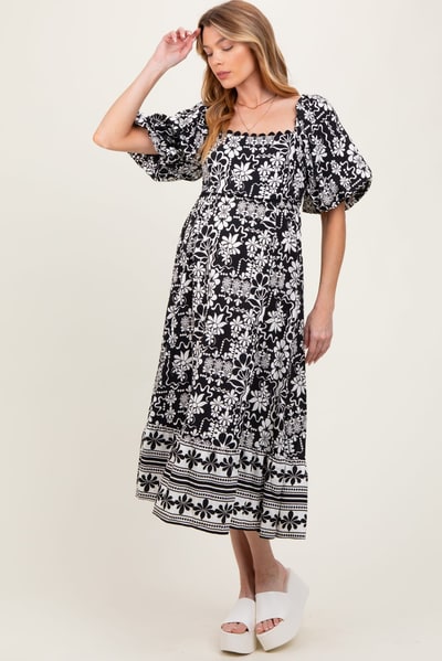 PinkBlush Black Floral Scallop Trim Maternity Midi Dress