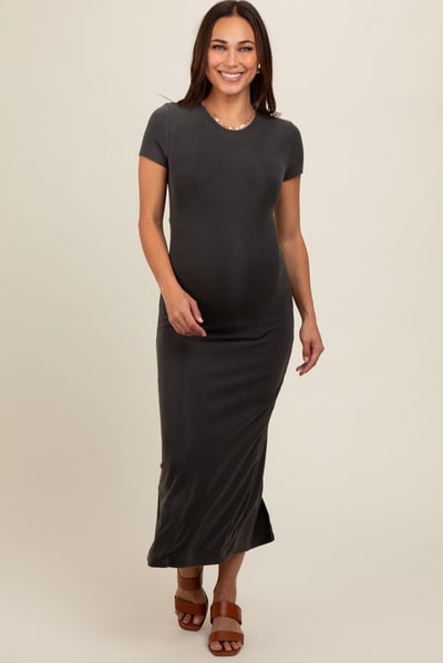 PinkBlush Charcoal Rib Knit Back Slit Maternity Dress