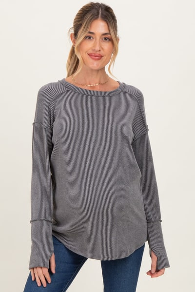 PinkBlush Charcoal Textured Rib Thumb Hole Maternity Long Sleeve Top