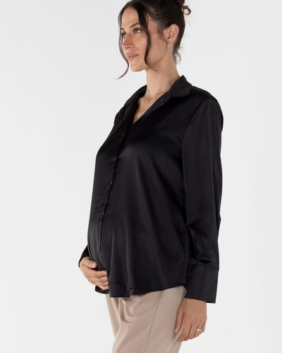 Angel Maternity Taylor Black Maternity/ Nursing Satin Button Down Shirt