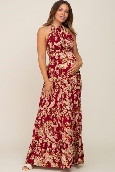 PinkBlush Burgundy Palm Open Back Halter Tiered Maternity Maxi Dress