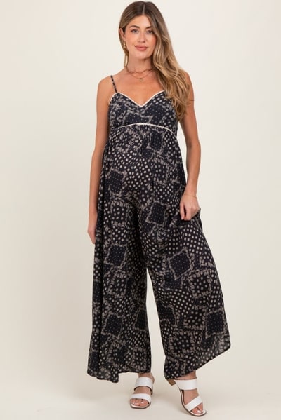 PinkBlush Black Paisley Printed Wide Relaxed Fit Maternity Jumpsuit