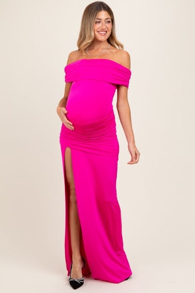 PinkBlush Fuchsia Foldover Off Shoulder Ruched High Slit Maternity Maxi Dress