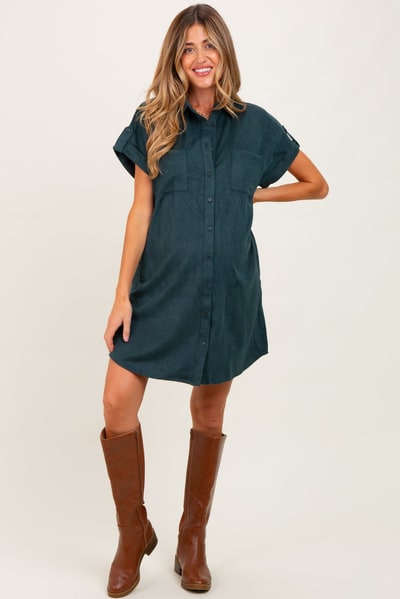 PinkBlush Forest Green Faux Suede Button Down Maternity Shirt Dress