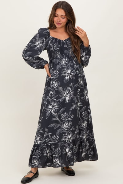 PinkBlush Charcoal Floral Smocked Long Sleeve Maternity Maxi Dress