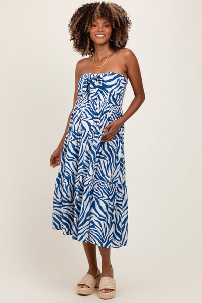 PinkBlush Royal Blue Animal Print Front Tie Strapless Maternity Midi Dress