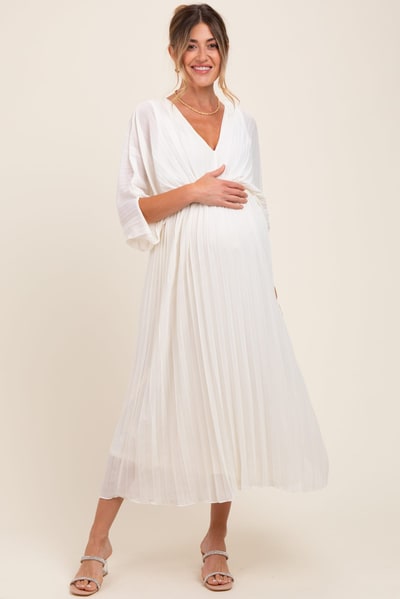 PinkBlush Cream Pleated V Neck Maternity Maxi Dress