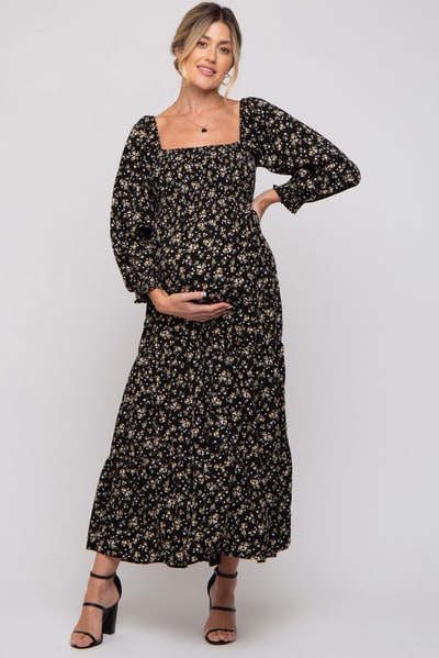 PinkBlush Black Floral Smocked Long Sleeve Maternity Maxi Dress