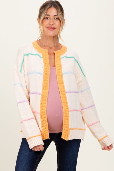 PinkBlush Cream Multicolor Stripe Chunky Knit Maternity Cardigan