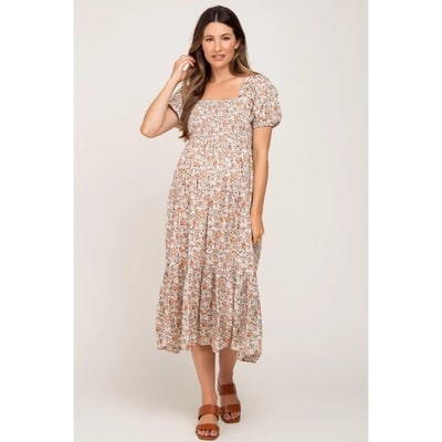 Target PinkBlush Taupe Floral Smocked Puff Sleeve Maternity Midi Dress Taupe Large