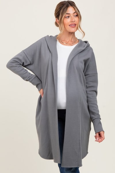PinkBlush Grey Hooded Long Maternity Cardigan