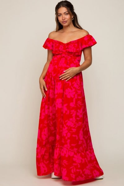 PinkBlush Red Floral Smocked Cinched Top Maternity Maxi Dress