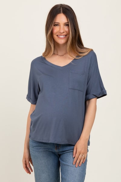 PinkBlush Dark Blue Oversized V-Neck Front Pocket Maternity T-Shirt