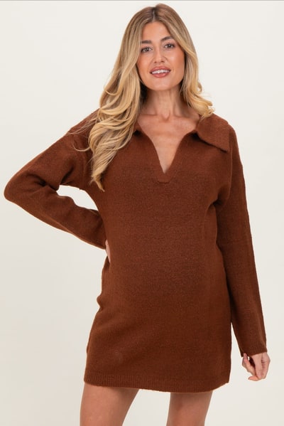 PinkBlush Brown Long Sleeve Polo Maternity Sweater Dress