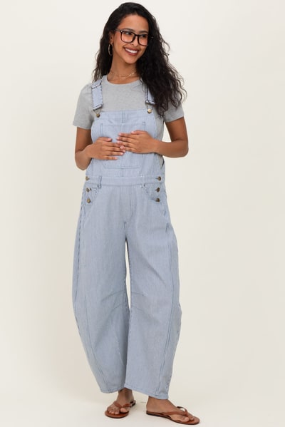 PinkBlush Blue Pinstriped Barrel-Leg Maternity Overalls