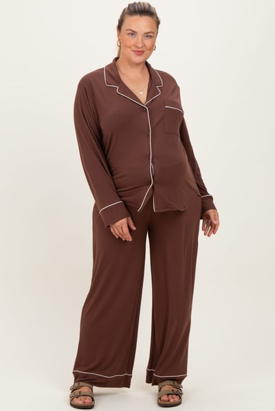 PinkBlush Brown Button Down Top Wide Leg Pant Maternity Plus Pajama Set