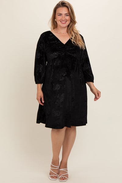 PinkBlush Black Velvet Floral Ruched Neck Plus Maternity Dress