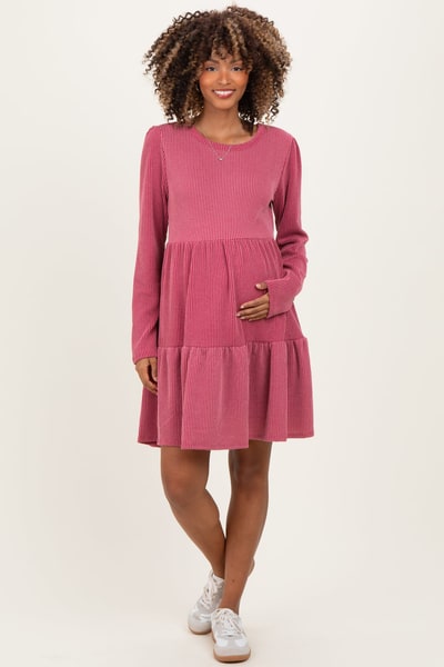 PinkBlush Dark Mauve Textured Rib Tiered Long Sleeve Maternity Dress