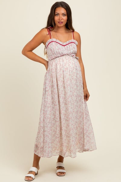 PinkBlush Pink Floral Ruffle Detail Shoulder Tie Maternity Midi Dress
