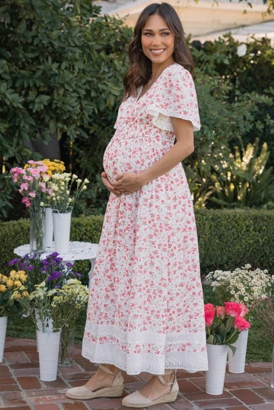 PinkBlush Pink Floral Lace Trim Flutter Sleeve Maternity Maxi Dress