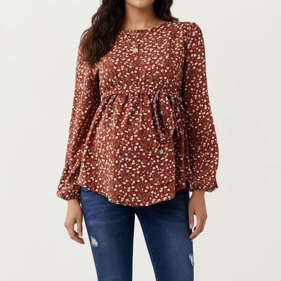 Target Anna-Kaci Women's Maternity Long Sleeve Floral Babydoll Top – Empire Waist Peplum Shirt - Medium, Brown