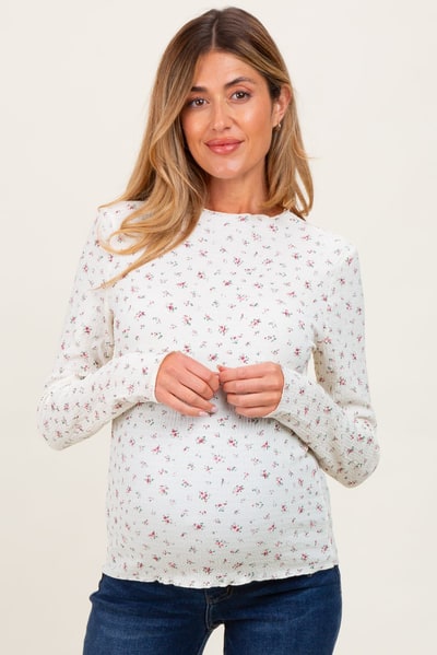 PinkBlush Ivory Floral Crinkled Texture High Neck Maternity Long Sleeve