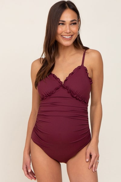 PinkBlush Plum Ribbed Ruffle Ruched Maternity One Piece Swimsuit