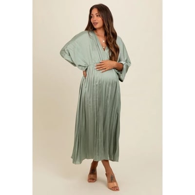Target Pinkblush Light Olive Satin Pleated V-Neck Maternity Maxi Dress Small
