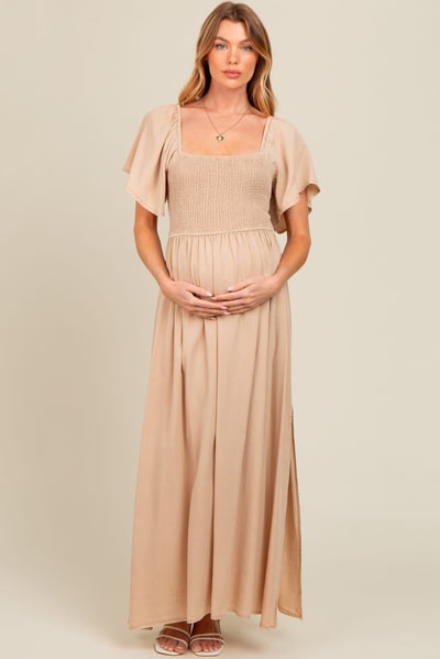 PinkBlush Beige Chambray Smocked Maternity Maxi Dress