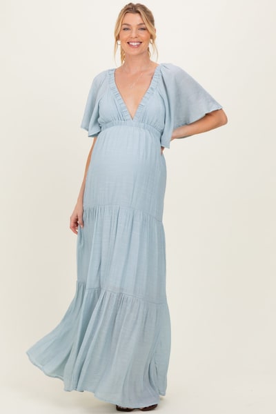 PinkBlush Light Blue Flutter Sleeve Maternity Maxi Dress