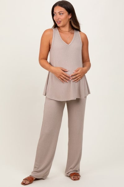 PinkBlush Taupe Rib Knit Tank and Pant Maternity Set