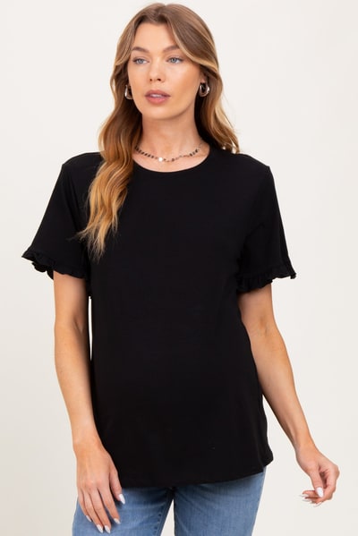 PinkBlush Black Ruffle Trim Short Sleeve Maternity T-Shirt