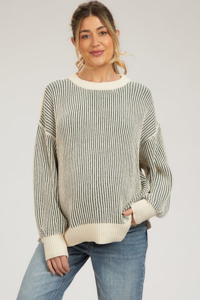 PinkBlush Olive Ribbed Balloon Sleeve Maternity Sweater