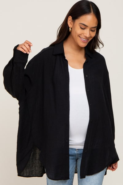 PinkBlush Black Lightweight Sheer Button Down Maternity Blouse