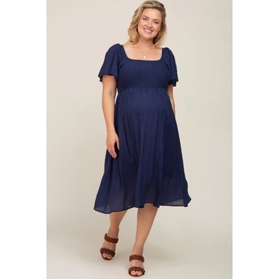 Target Pinkblush Navy Blue Smocked Square Neck Flutter Short Sleeve Maternity Plus Midi Dress 3X