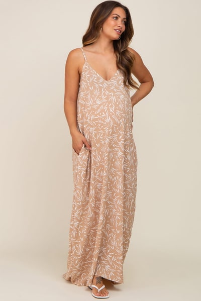 PinkBlush Taupe Leaf Print Double V-Neck Maternity Maxi Dress