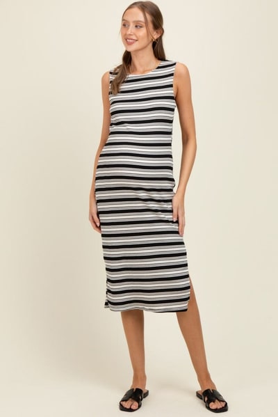 PinkBlush Black Multi-Stripe Ribbed Sleeveless Cutout Maternity Midi Dress
