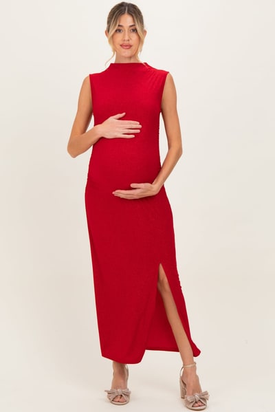 PinkBlush Red Glitter Ruched Side Slit Maternity Midi Dress