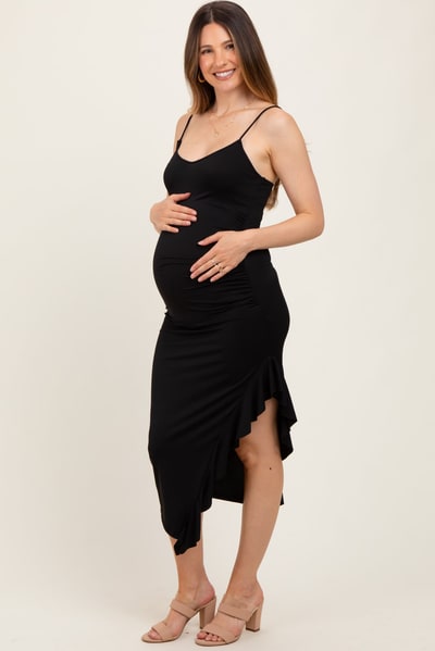 PinkBlush Black Ruched Ruffle Detail Sleeveless Maternity Midi Dress