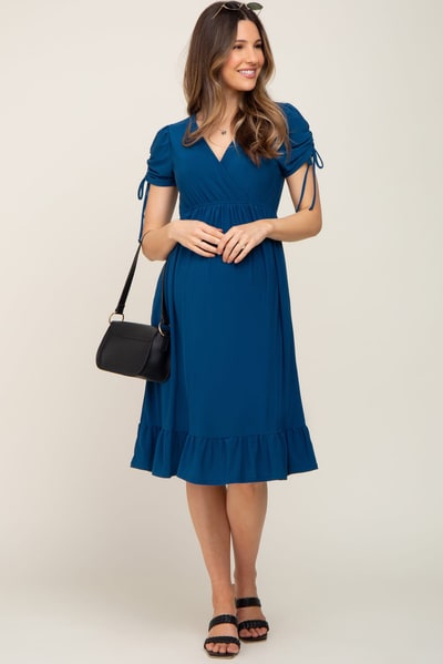 PinkBlush Deep Teal Cinched Sleeve Maternity Midi Dress