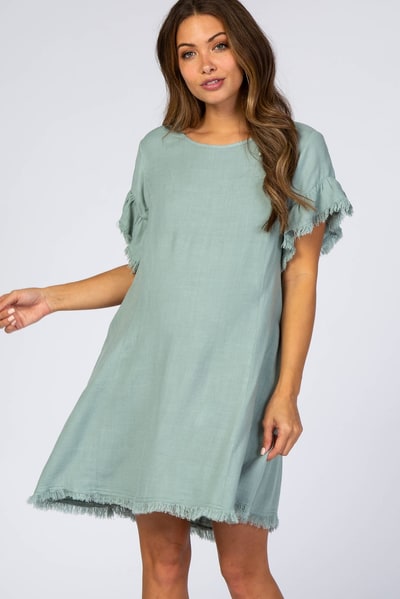 PinkBlush Mint Green Frayed Trim Back Keyhole Linen Maternity Dress