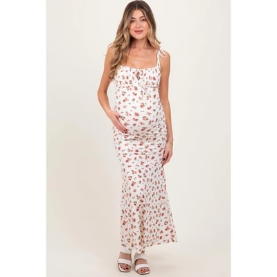 Target Pinkblush Red Ribbed Floral Shoulder Tie Maternity Maxi Dress Large