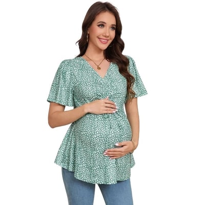 Target Clearlove Pregnancy Top Women's Drawstring Front V Neck Maternity T Shirt Short Sleeve Peplum Blouse Green Flower X Large