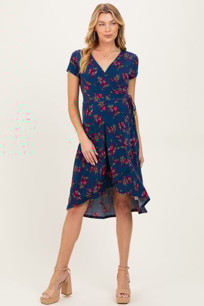 PinkBlush Navy Floral Maternity/Nursing Wrap Midi Dress