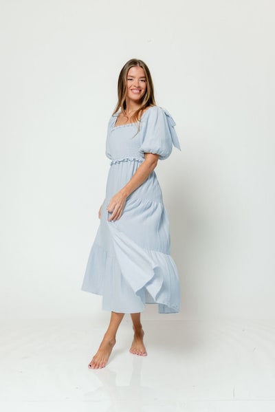 Worth Collective Elena 100% Cotton Midi Dress in Light Blue - Bump Friendly - Restocking Early May