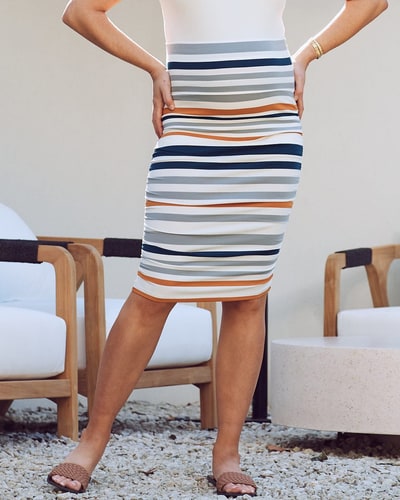 Angel Maternity Fitted Maternity Bamboo Skirt - Orange and Blue Stripe